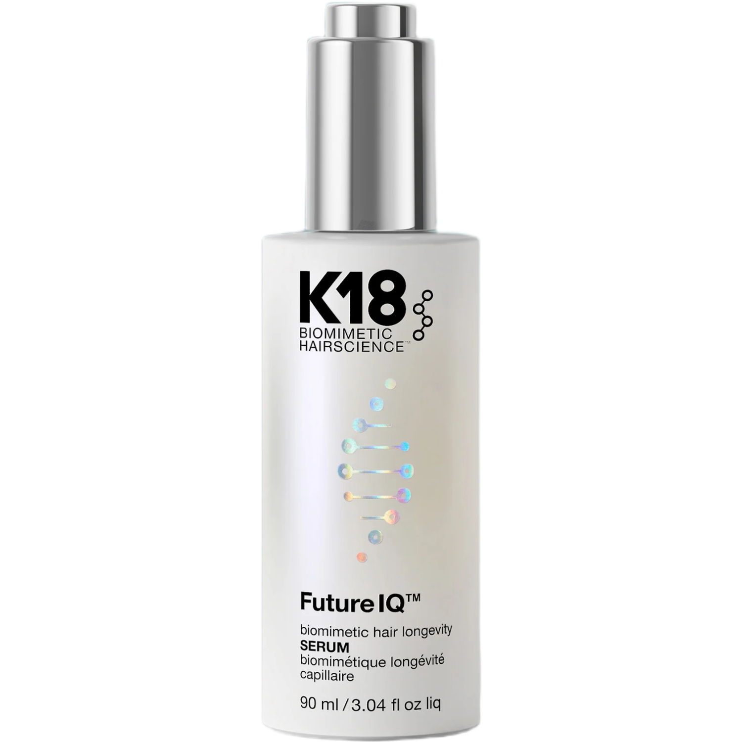 K18 Biomorphic Hairscience FutureIQ Serum in a white bottle with a metallic silver pump dispenser, shown on a plain white background.