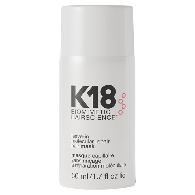 K18 biomimetic hairscience leave-in molecular repair hair mask container on a white background