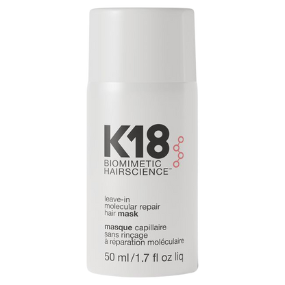 K18 biomimetic hairscience leave-in molecular repair hair mask container on a white background