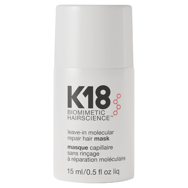 K18 biomimetic hairscience leave-in molecular repair hair mask bottle on a white background