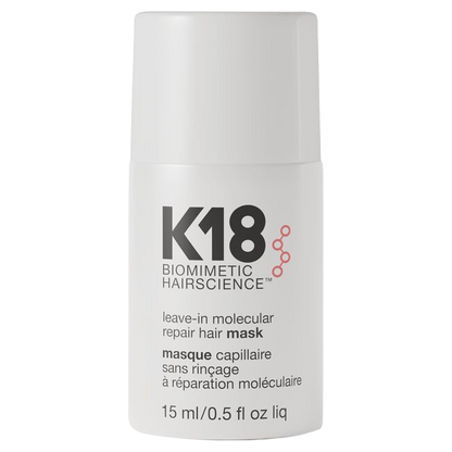 K18 biomimetic hairscience leave-in molecular repair hair mask bottle on a white background