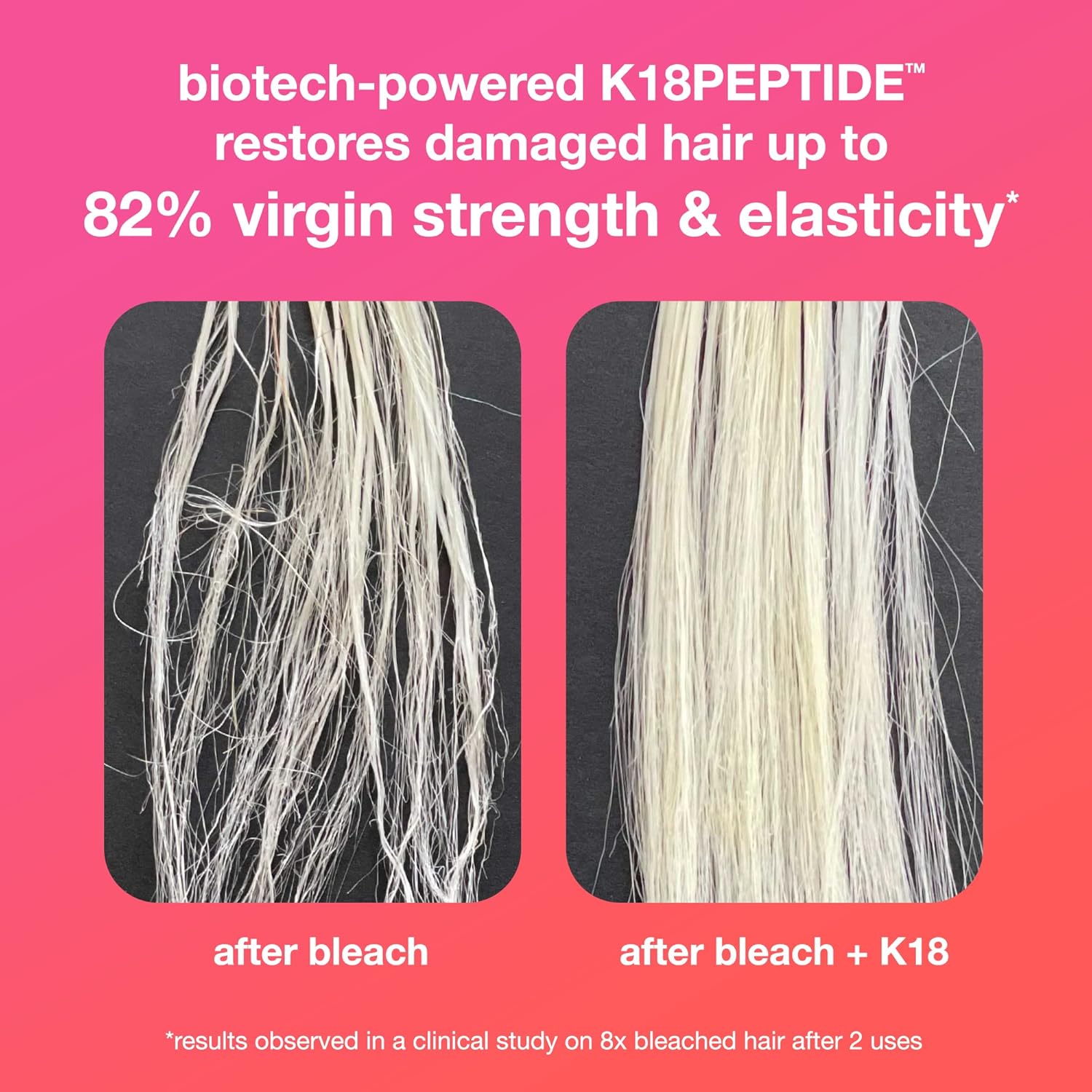 Before and after comparison of bleached hair with K18PEPTIDE treatment on a pink background.
