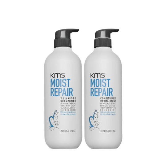 Two bottles of KMS Moist Repair shampoo and conditioner on a white background
