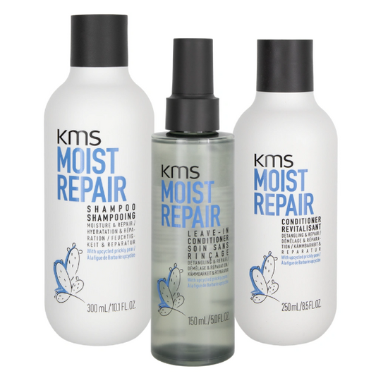KMS Moist Repair shampoo, leave-in conditioner, and conditioner bottles on a white background
