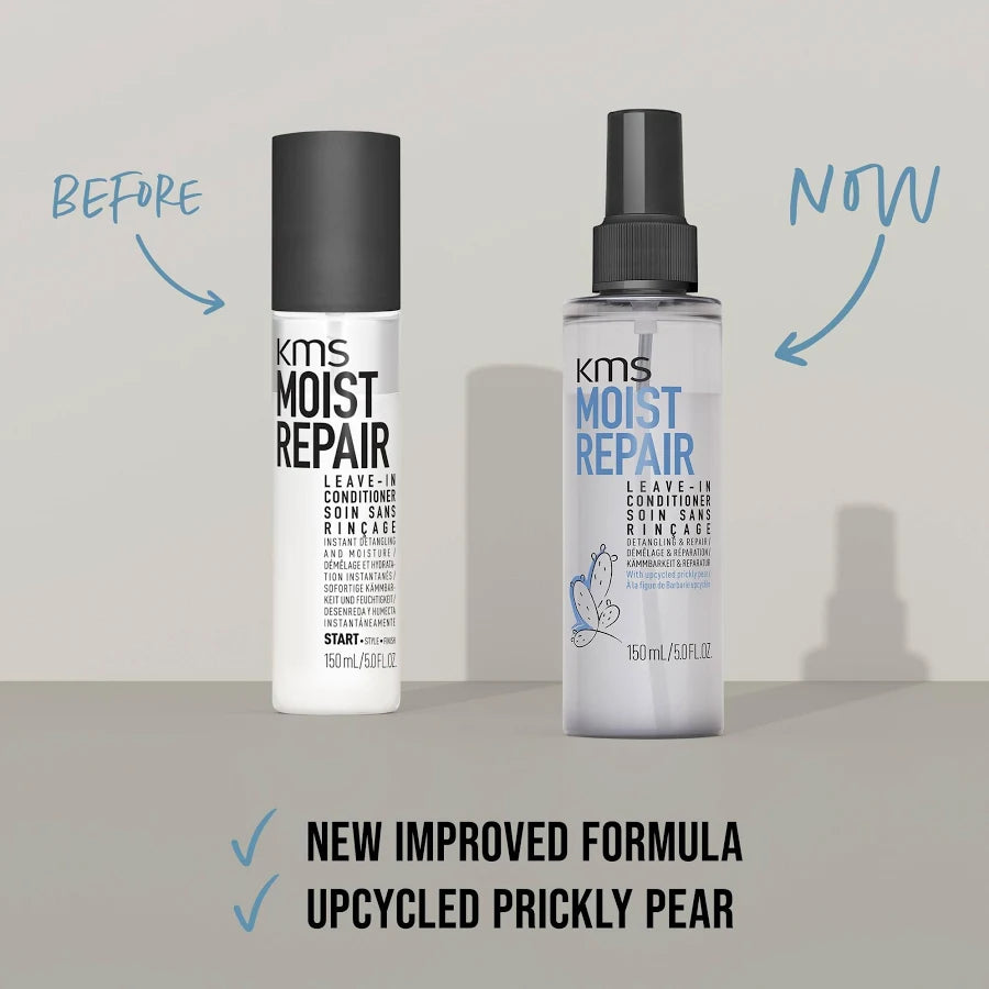 Before and after comparison of KMS Moist Repair products on a gray background