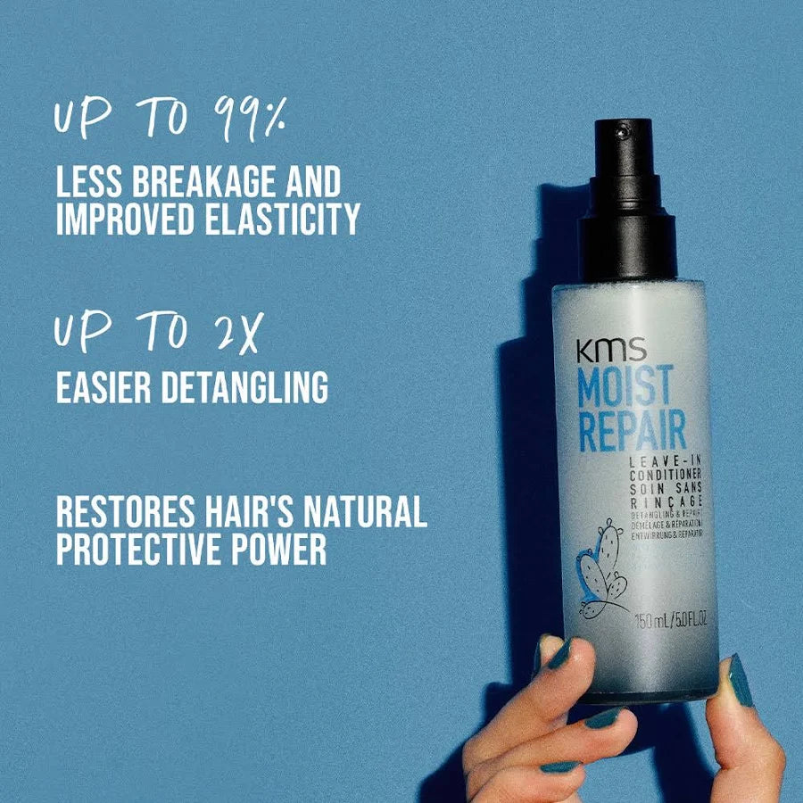 KMS Moist Repair leave-in conditioner bottle held against a blue background with product benefits text.