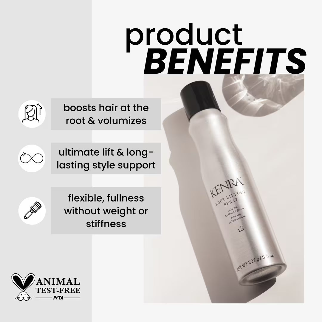 Kenra root lifting spray with benefits listed on a light background
