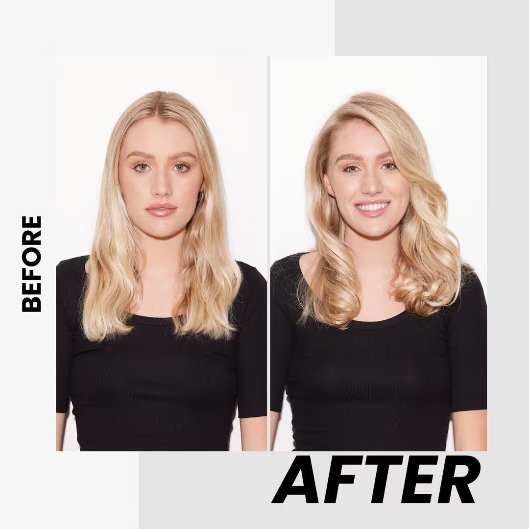 Before and after comparison of a woman with styled Kenra Root lighting spray against a plain background
