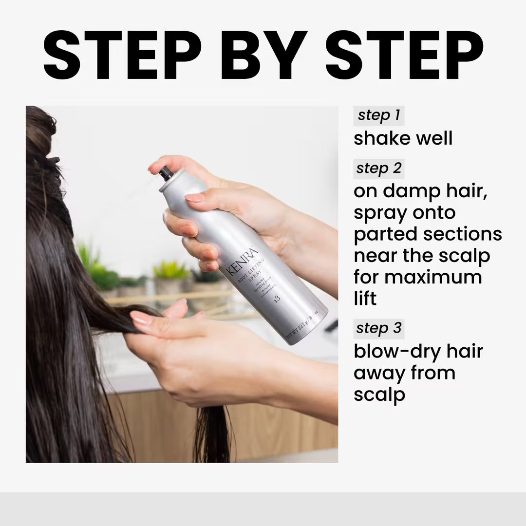 Person using a root lifting hair product spray with step-by-step instructions on a white background