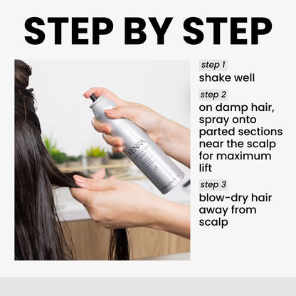 Person using a root lifting hair product spray with step-by-step instructions on a white background