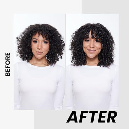 Before and after comparison of a woman with curly hair, wearing a white shirt on a plain background.