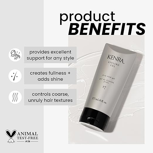 Kenra styling gel tube with product benefits listed on a light gray background