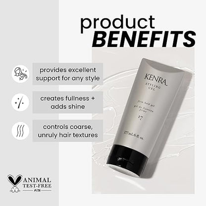 Kenra styling gel tube with product benefits listed on a light gray background