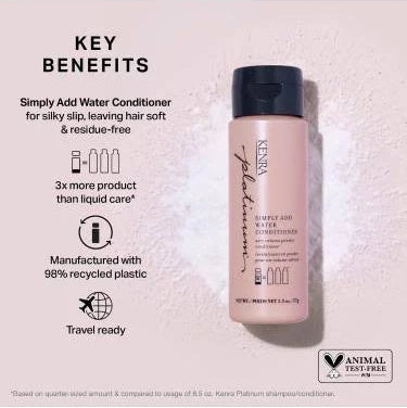 simply add water conditioner bottle with key benefits listed on a light background