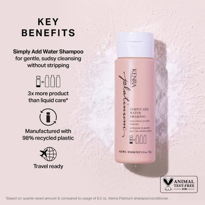 Kenra Simply Add Water Shampoo bottle with key benefits listed on a light background