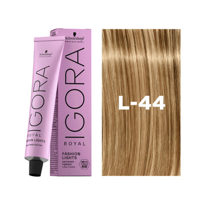 Schwarzkopf Igora hair color with a blonde sample and color number L-44 on a white background