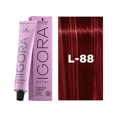 Schwarzkopf Igora hair color L-88 with a sample of red hair and color code L-88.