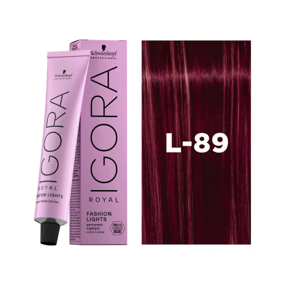 Schwarzkopf Igora hair color with a sample of dark red hair and color code L-89.