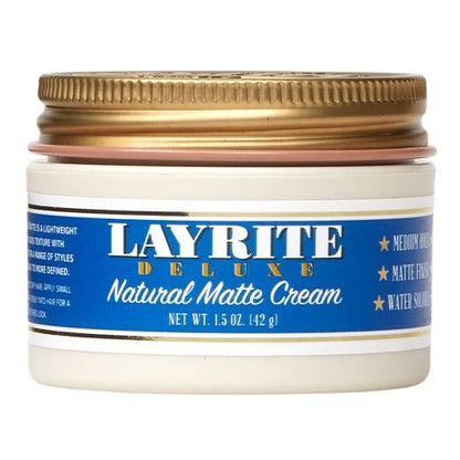 Jar of Layrite Deluxe Natural Matte Cream with a gold lid on a white background