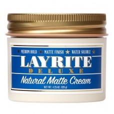 Jar of Layrite Deluxe Natural Matte Cream with blue label and gold lid.