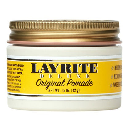 Jar of Layrite Deluxe Original Pomade with gold lid on a white background