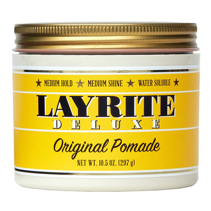 Jar of Layrite Deluxe Original Pomade with gold lid on a white background