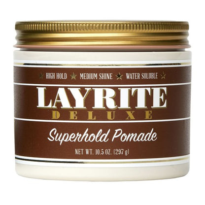 Jar of Layrite Deluxe Superhold Pomade with gold lid on a white background