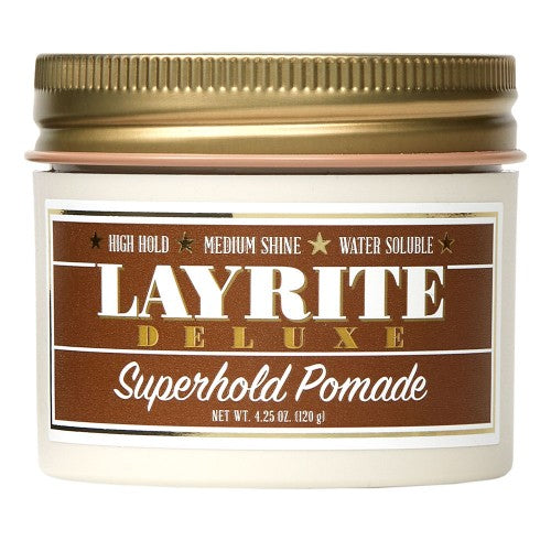 Jar of Layrite Deluxe Superhold Pomade with gold lid on a white background
