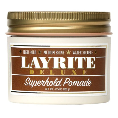 Jar of Layrite Deluxe Superhold Pomade with gold lid on a white background