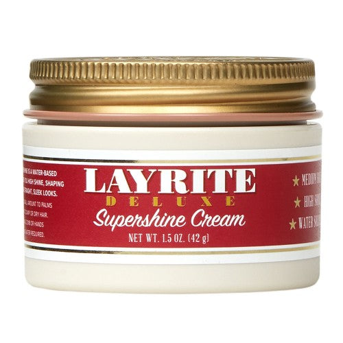 Jar of Layrite Deluxe Supershine Cream with red label and gold lid on white background