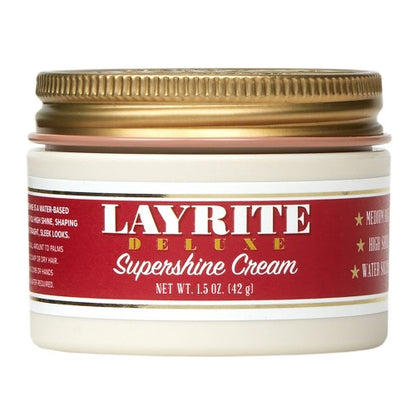 Jar of Layrite Deluxe Supershine Cream with red label and gold lid on white background