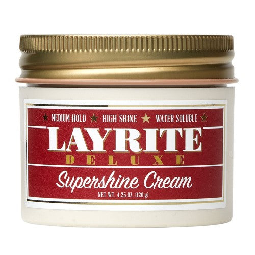 Jar of Layrite Deluxe Supershine Cream with gold lid on a white background