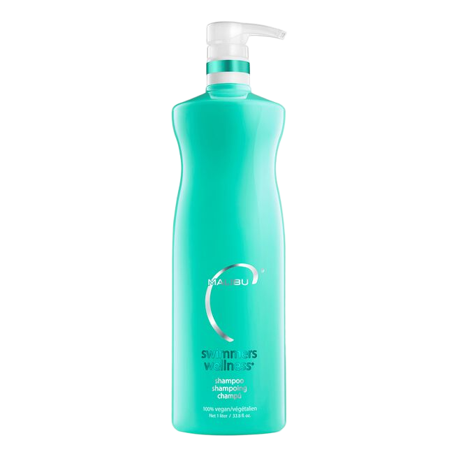 Teal shampoo bottle with pump on a white background