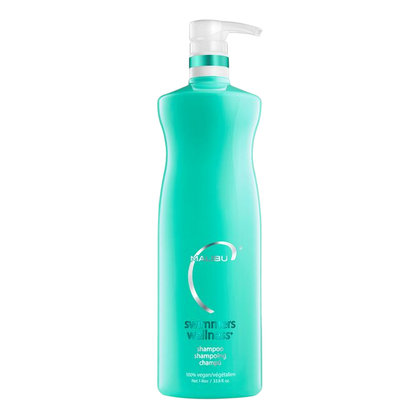 Teal shampoo bottle with pump on a white background
