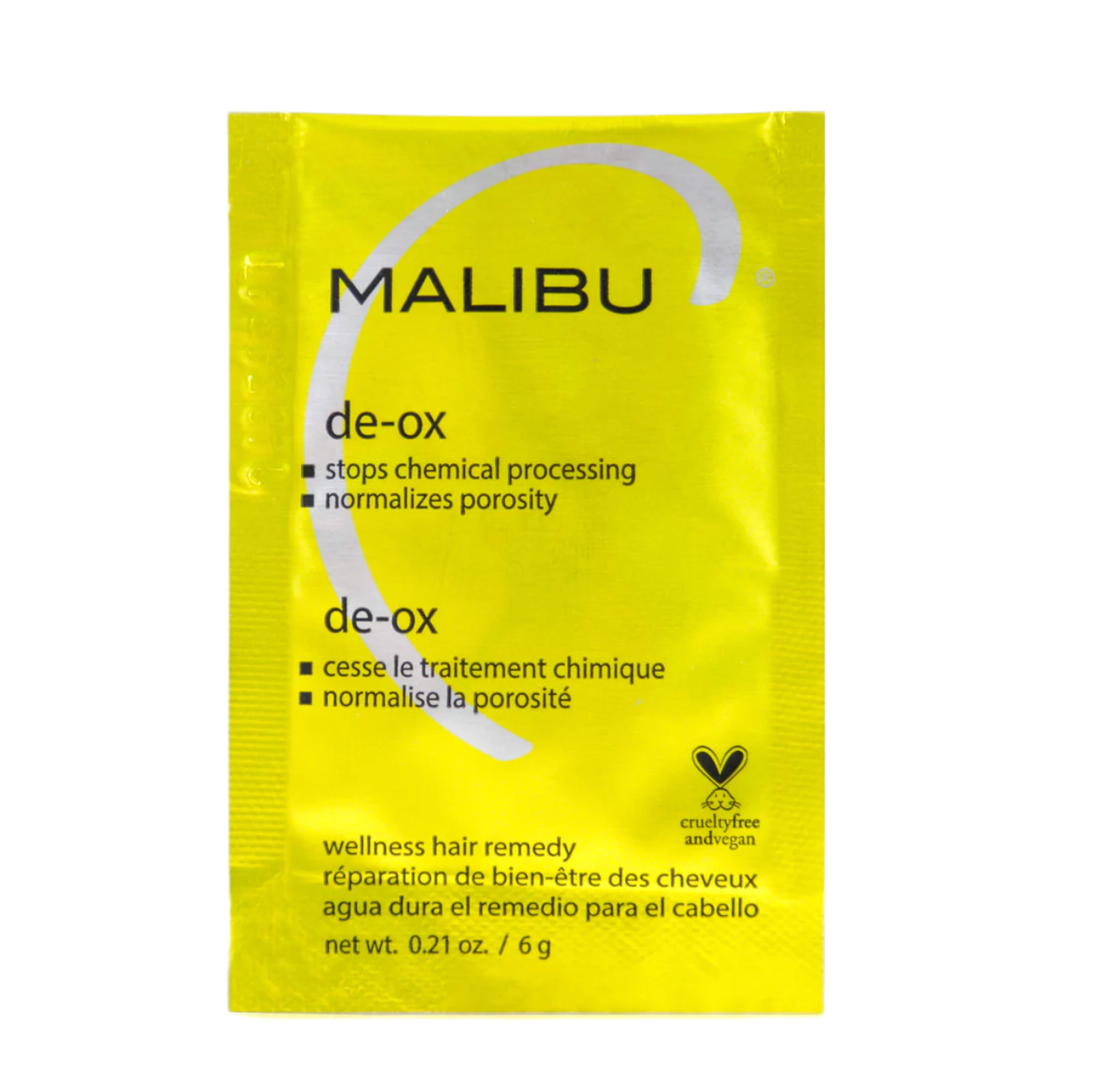 Yellow package of Malibu de-ox wellness hair remedy on a white background