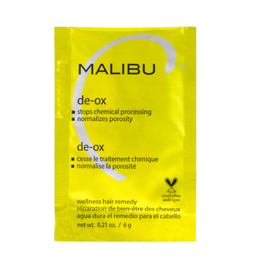 Yellow package of Malibu de-ox wellness hair remedy on a white background