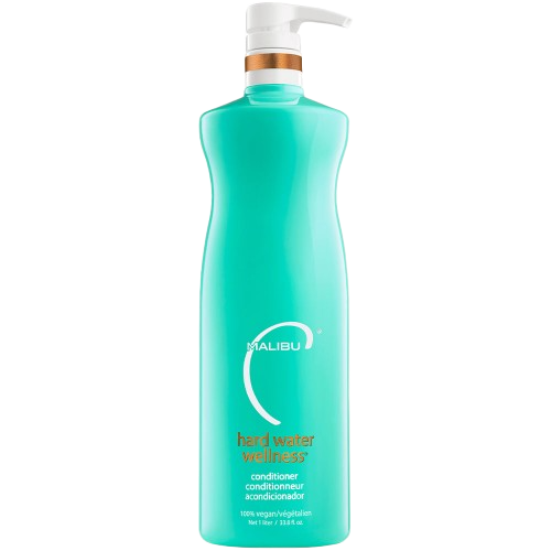 Turquoise bottle of Malibu conditioner with pump on a white background