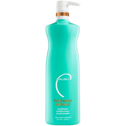 Turquoise bottle of Malibu conditioner with pump on a white background
