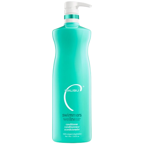 Turquoise bottle of Malibu C Swimmers Wellness conditioner on a white background