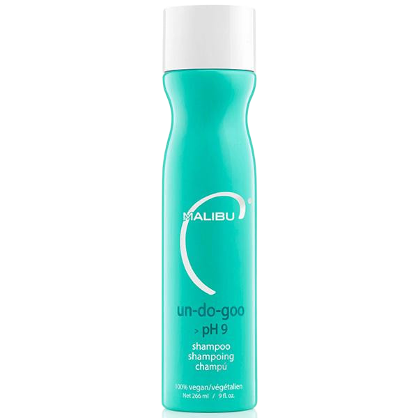 A bottle of Malibu Un-Do-Goo pH 9 shampoo, featuring a bright turquoise body and a white cap, set against a plain white background.