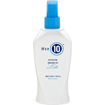 Bottle of 'it's a 10' miracle leave-in Lite product with blue cap on white background