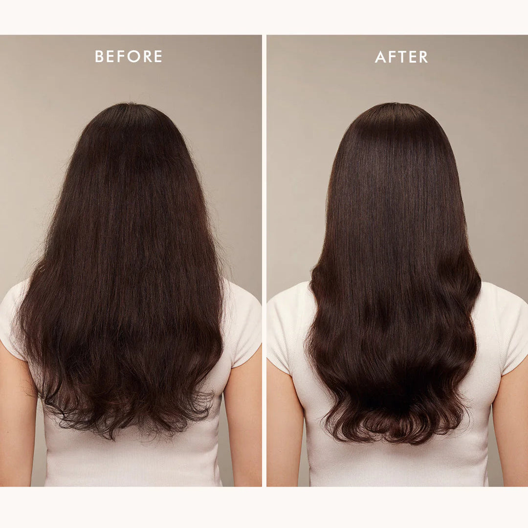 Before and after comparison of hair with a styling product on a neutral background