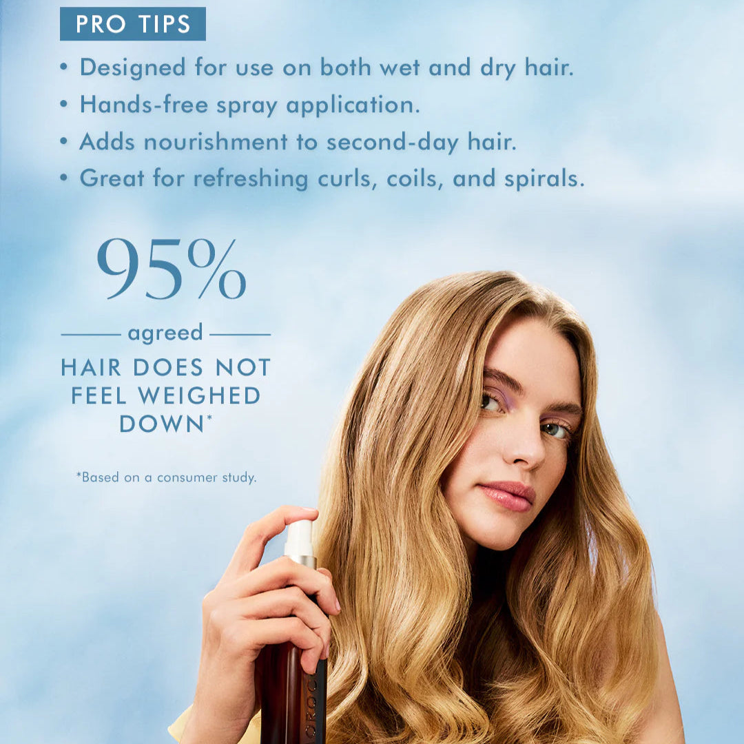 Woman with styled hair holding a spray bottle against a blue background with text about hair product features.