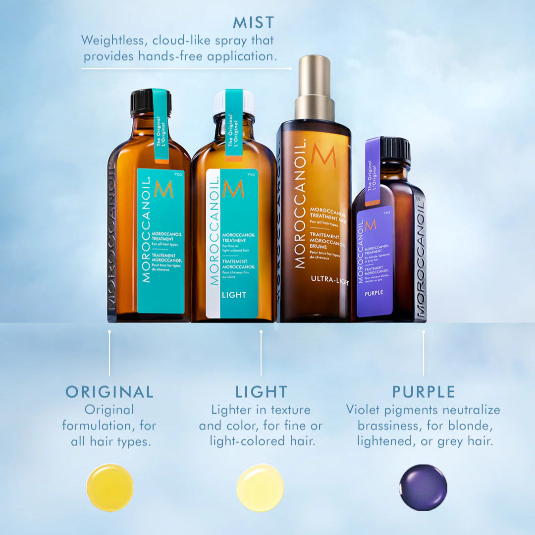 Moroccanoil hair care product collection with bottles labeled Original, Light, and Purple on a light blue background.