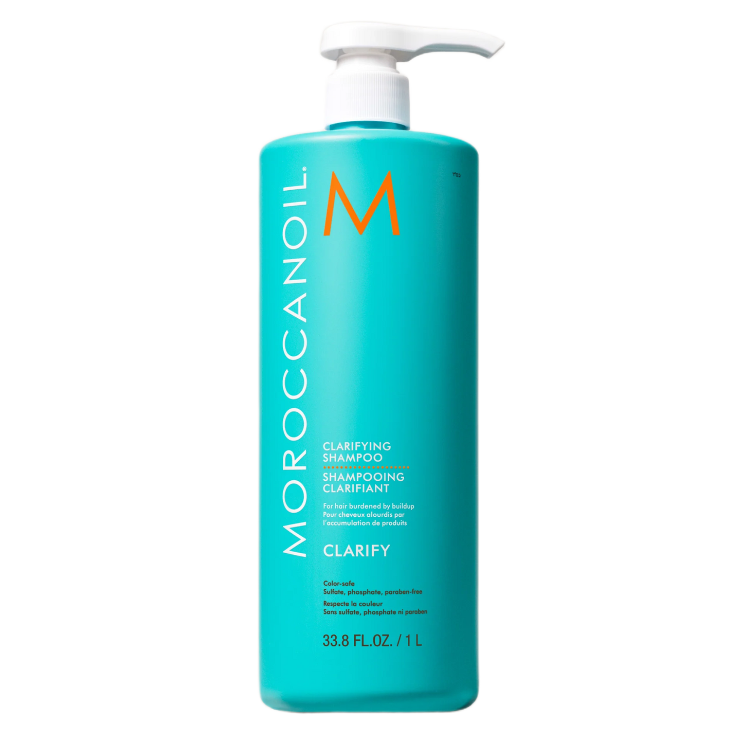 Moroccanoil clarifying shampoo bottle on a white background