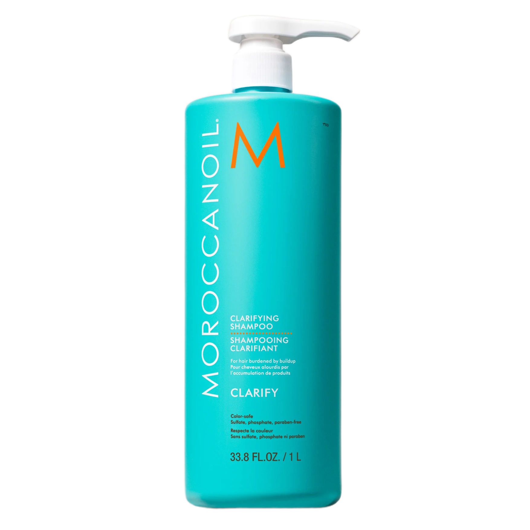 Moroccanoil clarifying shampoo bottle on a white background
