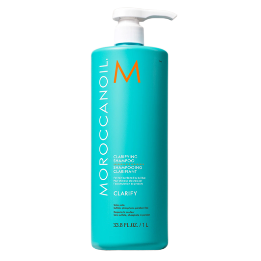 Moroccanoil clarifying shampoo bottle on a white background