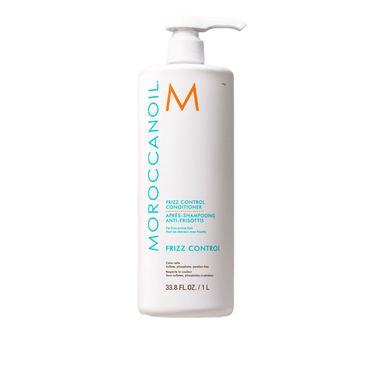 Moroccanoil frizz control product bottle on a white background