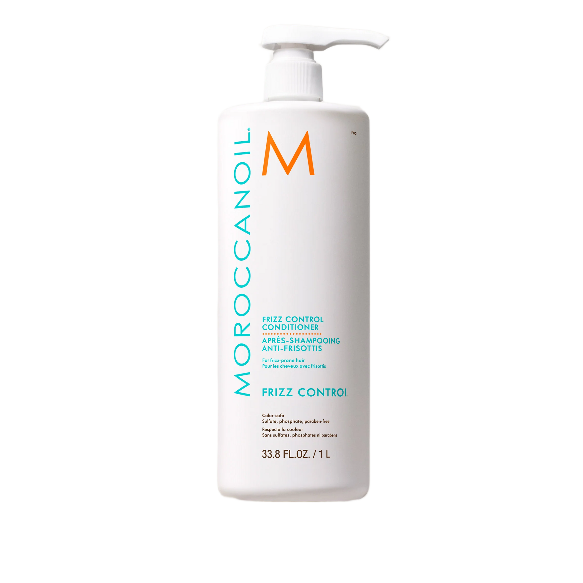 Moroccanoil frizz control product bottle on a white background