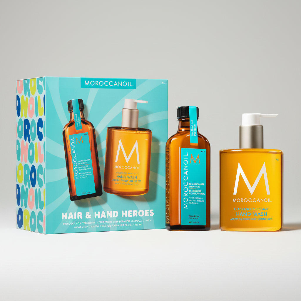 Moroccanoil hair and hand care products with packaging on a white background